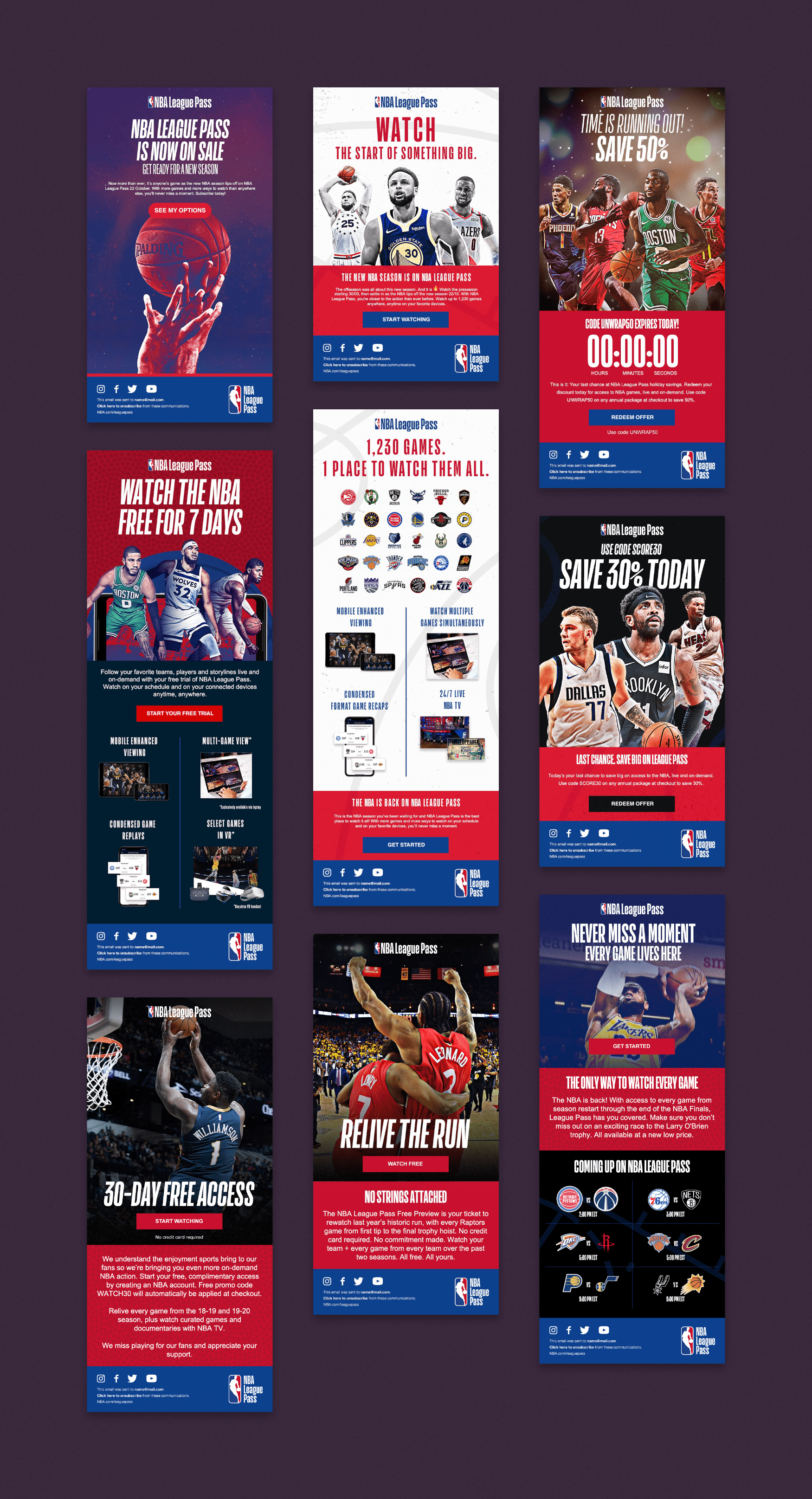 Selection of e-mails created to promote NBA League Pass